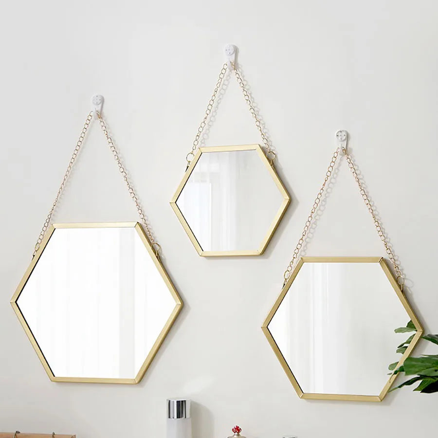 Elegant Iron Hexagonal Hanging Wall Mirror – Gold