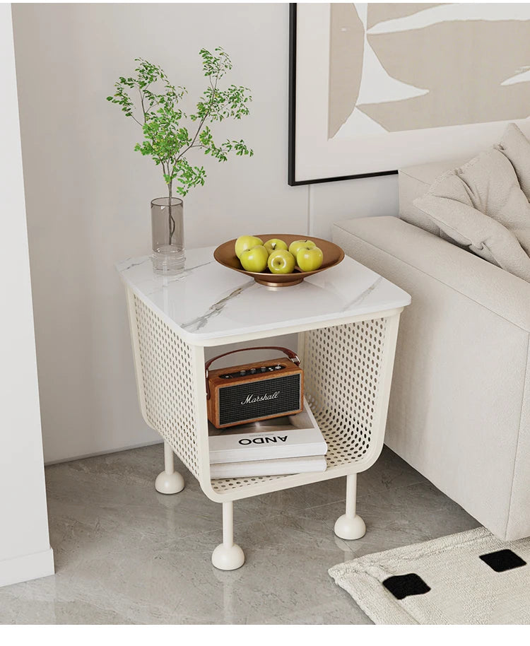 Luxury Modern Minimalist Scandinavian Nightstand – Marble Top with Woven Metal Storage