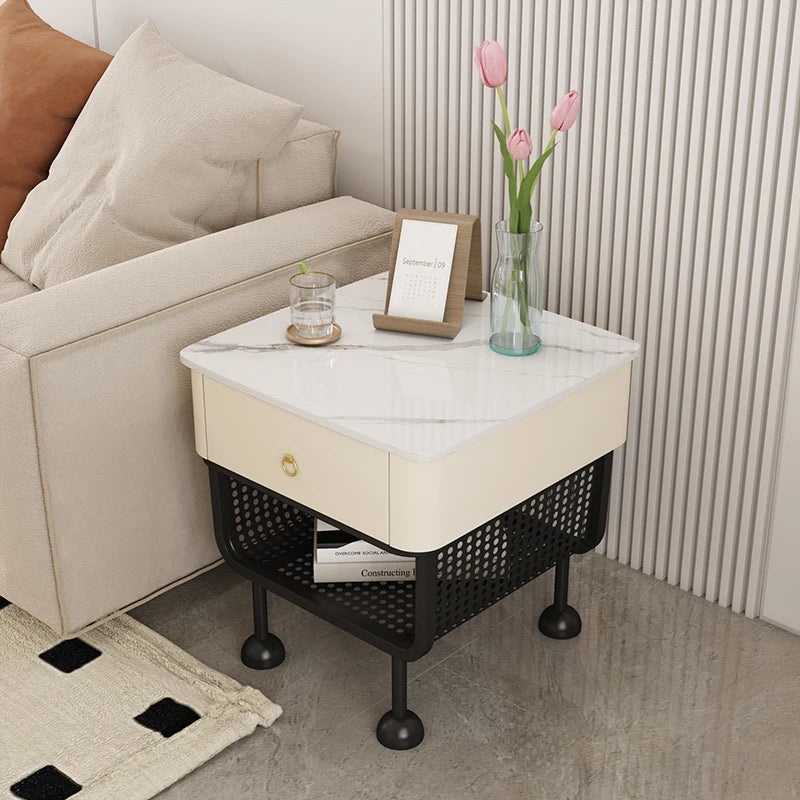 Luxury Modern Minimalist Scandinavian Nightstand – Marble Top with Woven Metal Storage