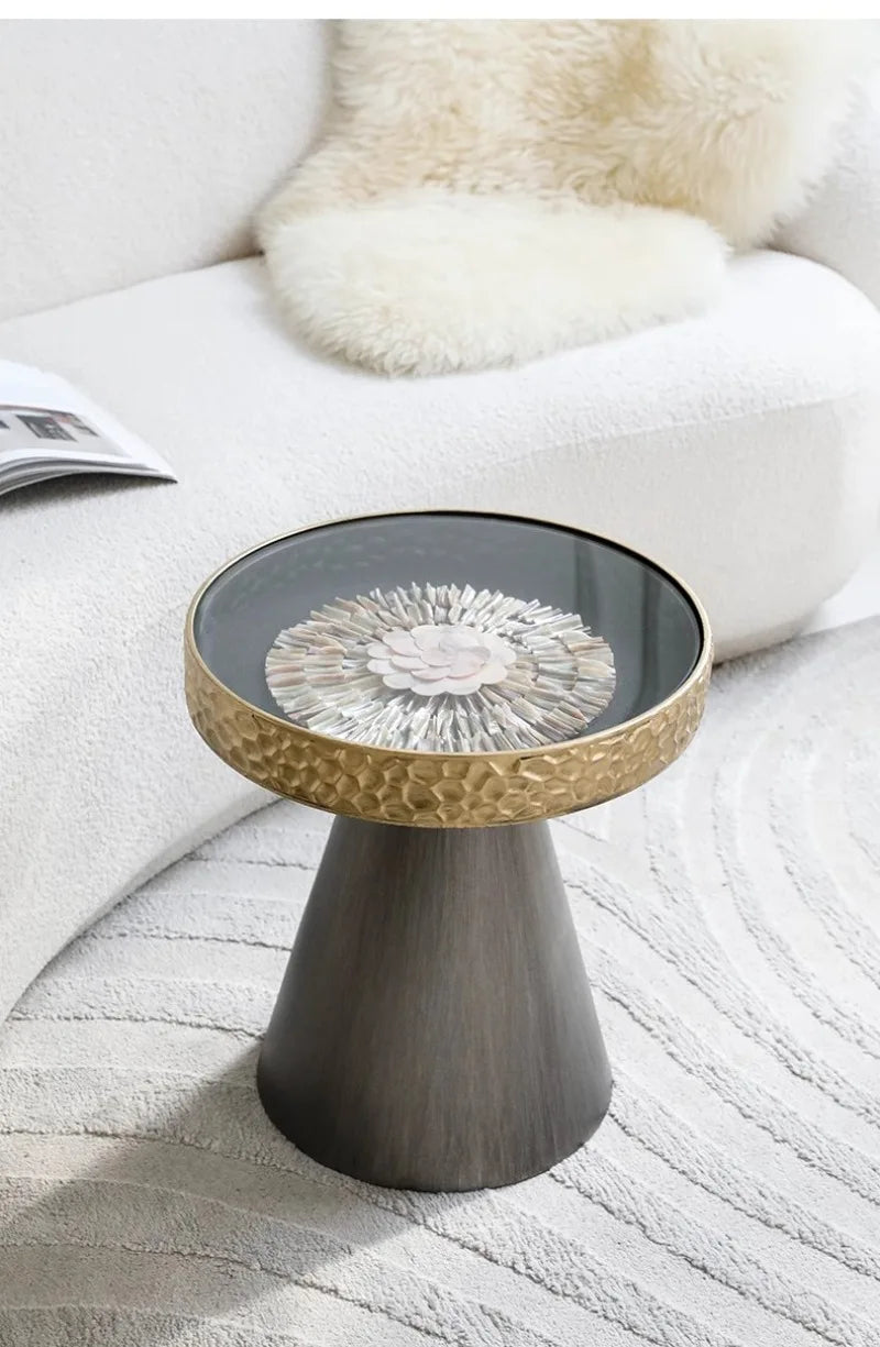 Uitstekende Luukse Art Deco Boho Koffietafel – Handgemaakte Natuurlike Skulp Inlegsel met Smeeyster Geometriese Basis &amp; Glasblad
