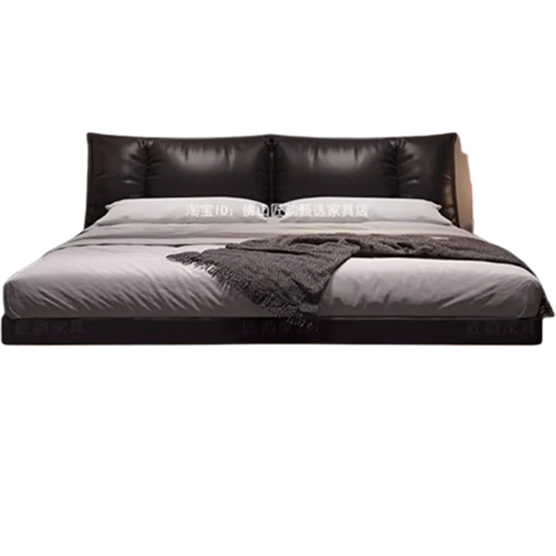 Truffle Brown Floating Modern Retro Genuine Leather Bed with Storage & Nightstands(Floats 15cm from ground)