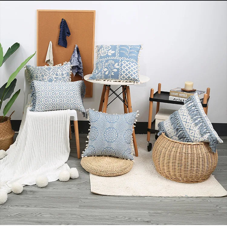 Boho Vintage Linen Pillow Case – Light Blue 45X45cm and 30x50cm