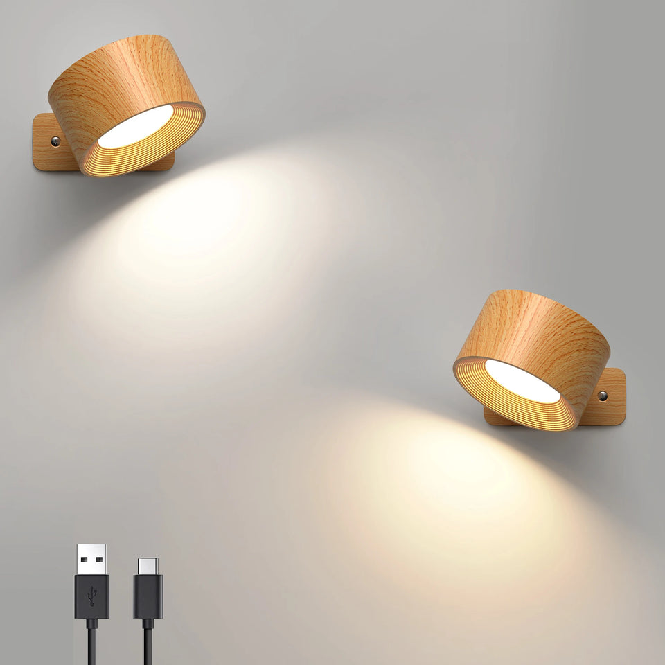 Wooden LED Wall Sconce, 360° Rotatable Dimmable Magnetic Touch Control Rechargeable Battery Operated