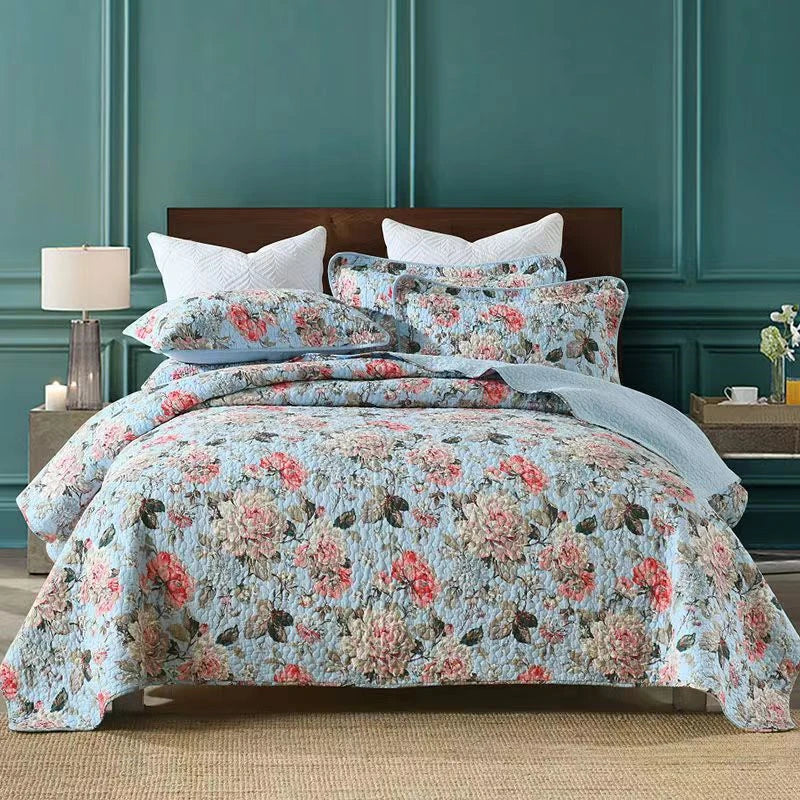 Luxury 500TC Pure Egyptian Cotton Boho Vintage Floral Reversible Bedcover Quilt Set – 3-Piece King & Queen Fit WHIMSICAL HOME OF CREATIONS