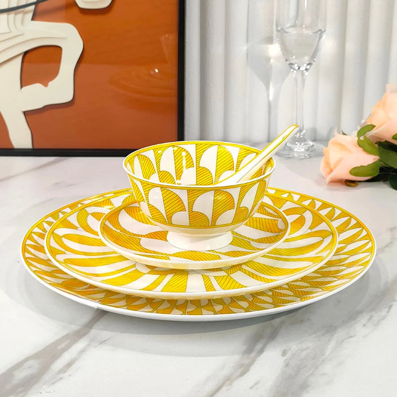 Elegant Bone China Dinnerware Set in Diamond Pattern – Sunshine Yellow