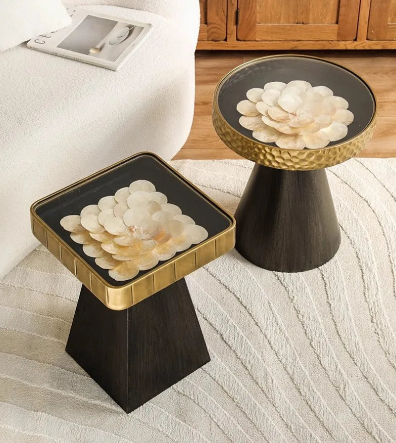 Uitstekende Luukse Art Deco Boho Koffietafel – Handgemaakte Natuurlike Skulp Inlegsel met Smeeyster Geometriese Basis &amp; Glasblad