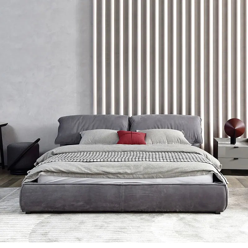 Luxury Modern Minimalist Upholstered Bed – Solid Wood Platform with Charcoal Velvet & Cloud-Soft Tufted