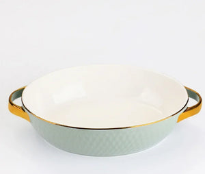 Golden Edge Ceramic Baking Dish – Retro Elegance Meets Everyday Function(non burning handles)
