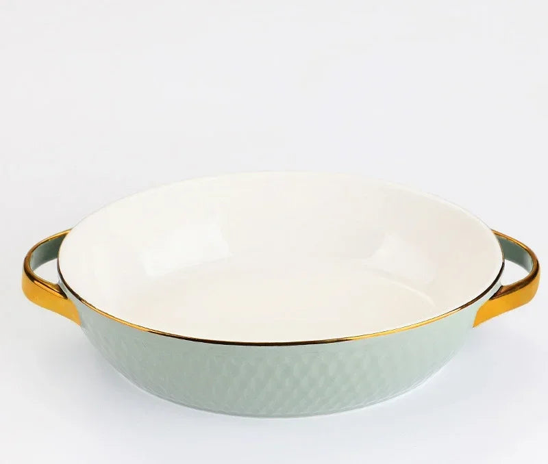 Golden Edge Ceramic Baking Dish – Retro Elegance Meets Everyday Function(non burning handles)