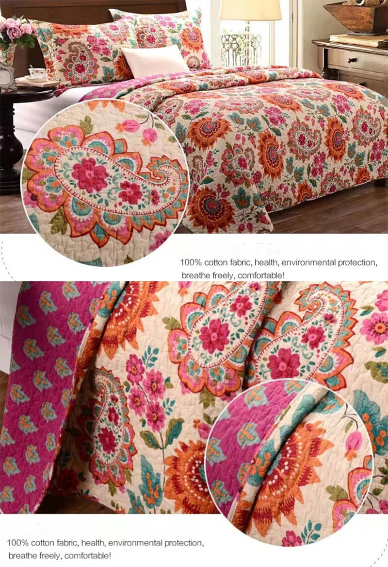 Luxury 500TC Pure Egyptian Cotton Boho Vintage Floral Reversible Bedcover Quilt Set – 3-Piece King & Queen Fit WHIMSICAL HOME OF CREATIONS