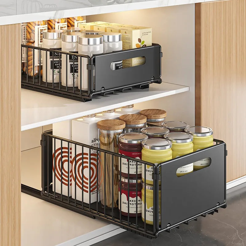 Carbon Steel Pull-Out Folding Cabinet Storage Rack – Double Layer, Heavy-Duty