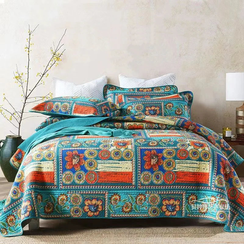 Luxury 500TC Pure Egyptian Cotton Boho Vintage Floral Reversible Bedcover Quilt Set – 3-Piece King & Queen Fit WHIMSICAL HOME OF CREATIONS