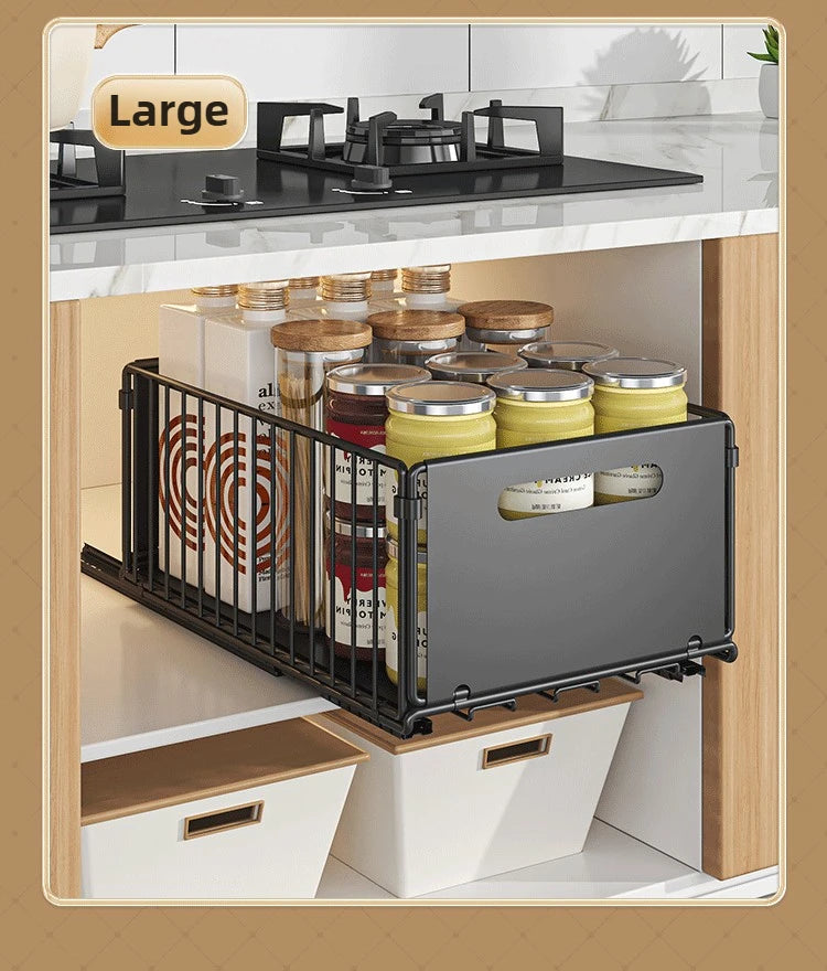 Carbon Steel Pull-Out Folding Cabinet Storage Rack – Double Layer, Heavy-Duty