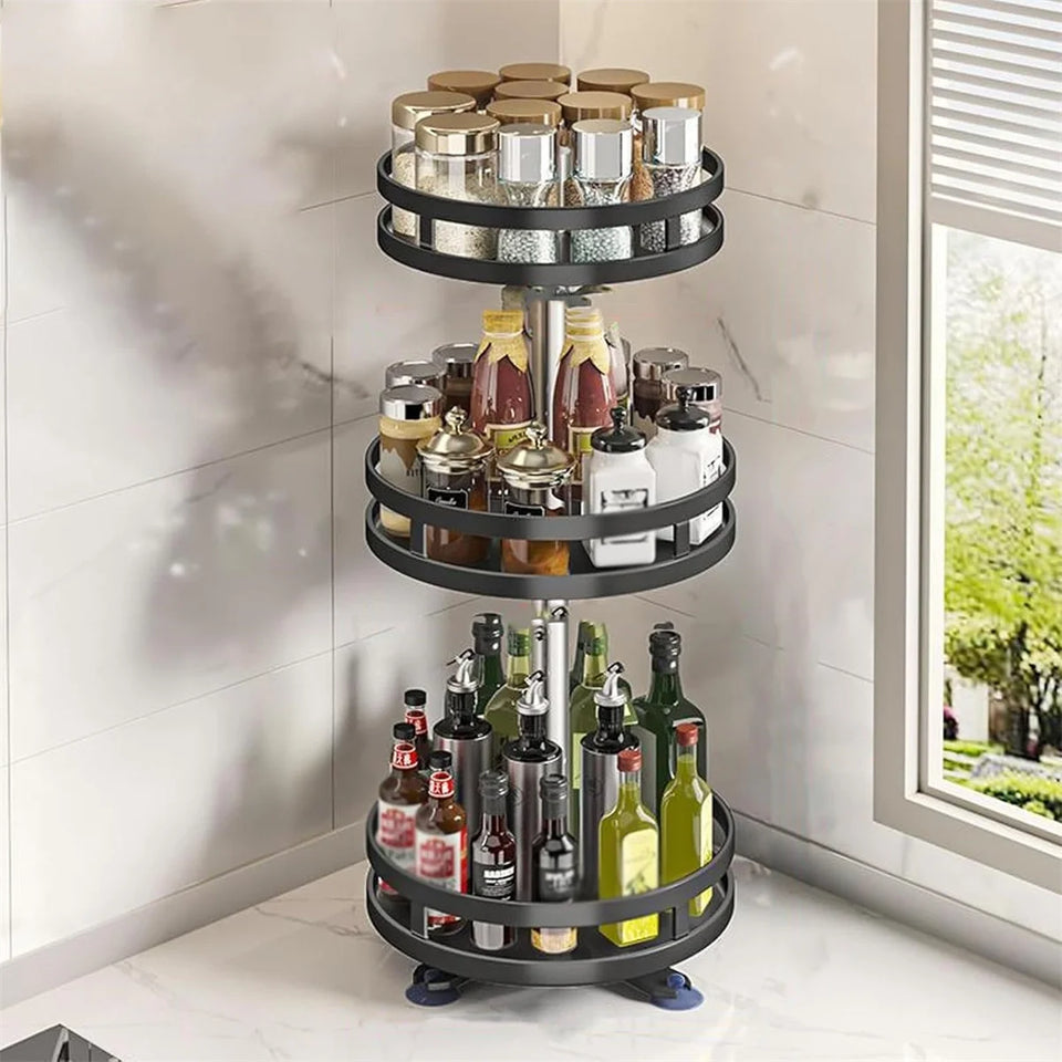 360° Rotating Carbon Steel Spice Rack Organizer – Adjustable Multi-Layer with Suction Cups