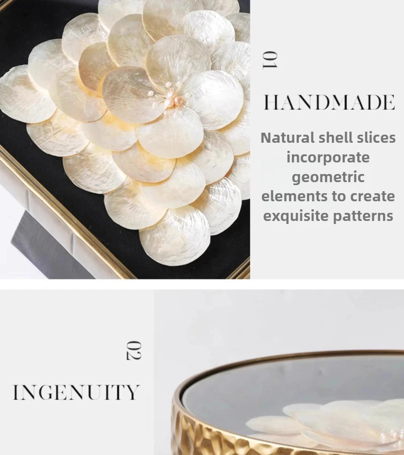 Uitstekende Luukse Art Deco Boho Koffietafel – Handgemaakte Natuurlike Skulp Inlegsel met Smeeyster Geometriese Basis &amp; Glasblad