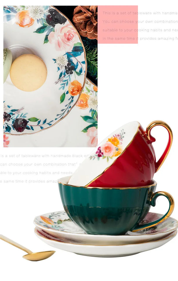 European Luxury Hand Painted Gold Bone China Coffee Cups & Saucers – 2-Piece High Gloss Set
