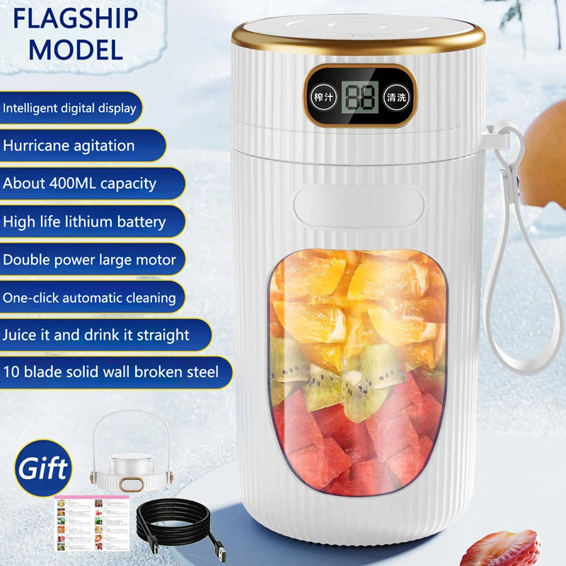 Electric Rechargeable Portable Juicer – 10 Blades with LED Display (Blue & White)