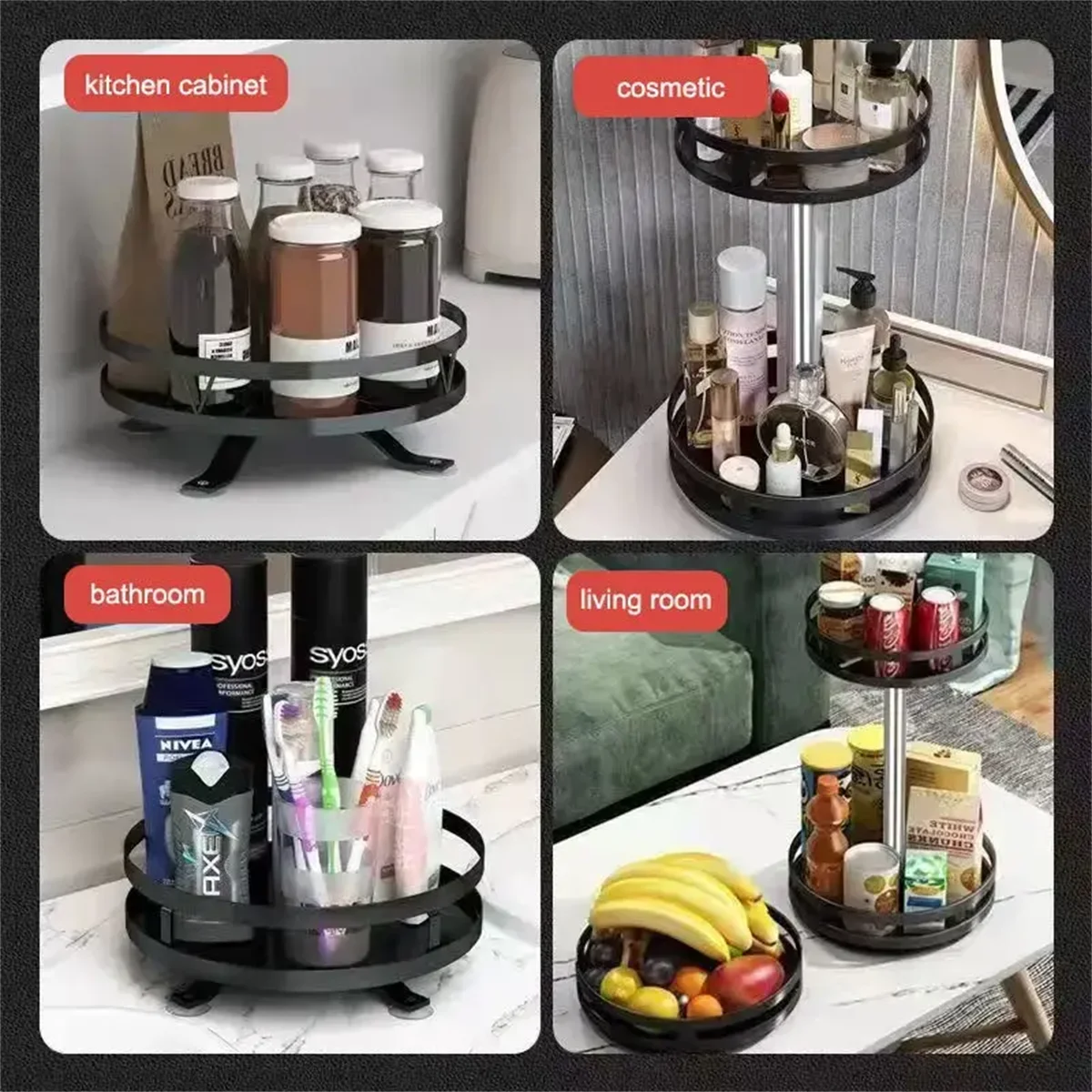 360° Rotating Carbon Steel Spice Rack Organizer – Adjustable Multi-Layer with Suction Cups