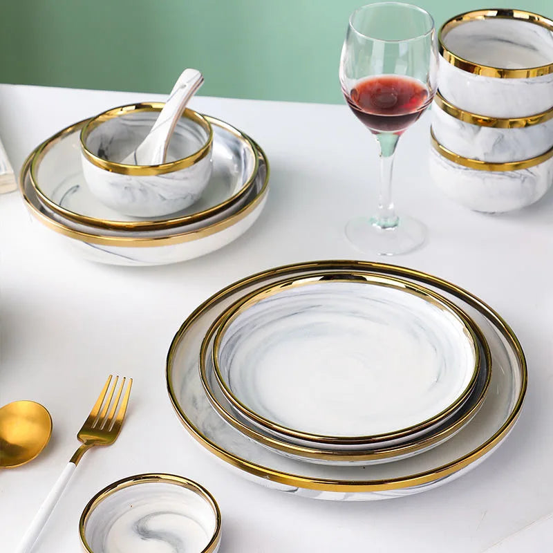 Luxury Blue & White Dinnerware Sets with Double-Sided Gilt Rims – Timeless Elegance