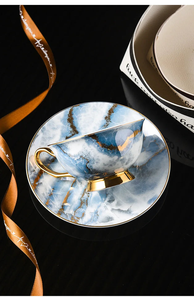 Retro Imperial European Bone China Cup & Saucer with Golden Spoon – Luxury Edition