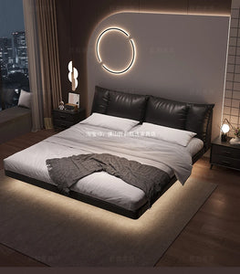 Truffle Brown Floating Modern Retro Genuine Leather Bed with Storage & Nightstands(Floats 15cm from ground)