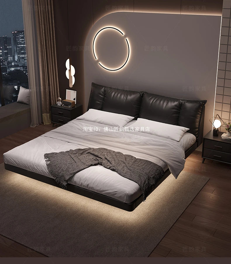 Truffle Brown Floating Modern Retro Genuine Leather Bed with Storage & Nightstands(Floats 15cm from ground)