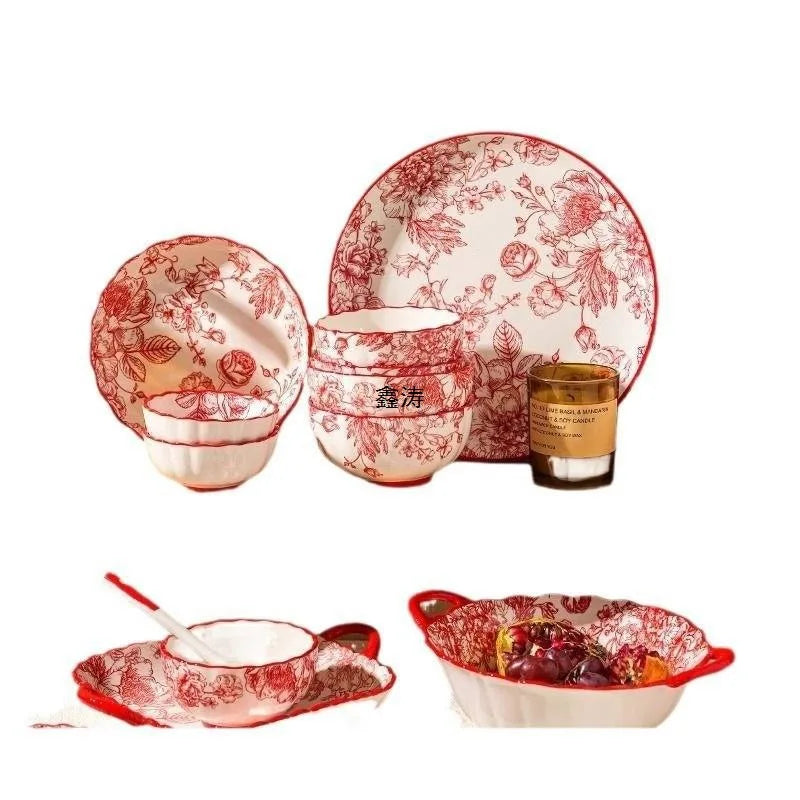Timeless Elegance Red & White Flower Porcelain Dinnerware Set