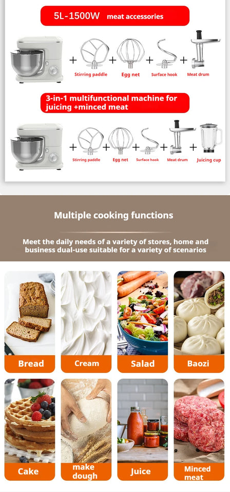 10L Chef Stainless Steel Electric Mixer – 1500W High Power with 6L Bowl & Splash-Proof Cover