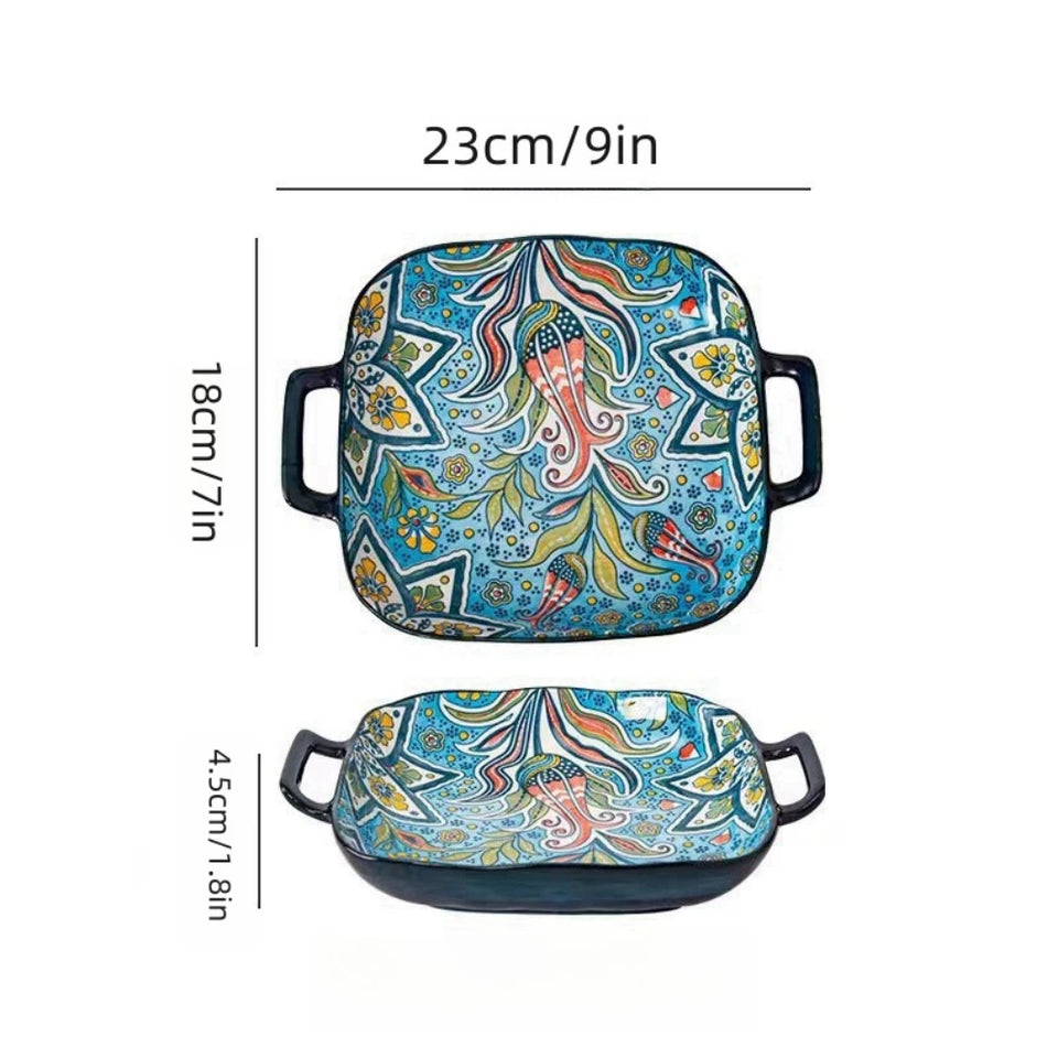 9-Inch Bohemian Retro Ceramic Dish with Double Ears – Oven & Microwave Safe