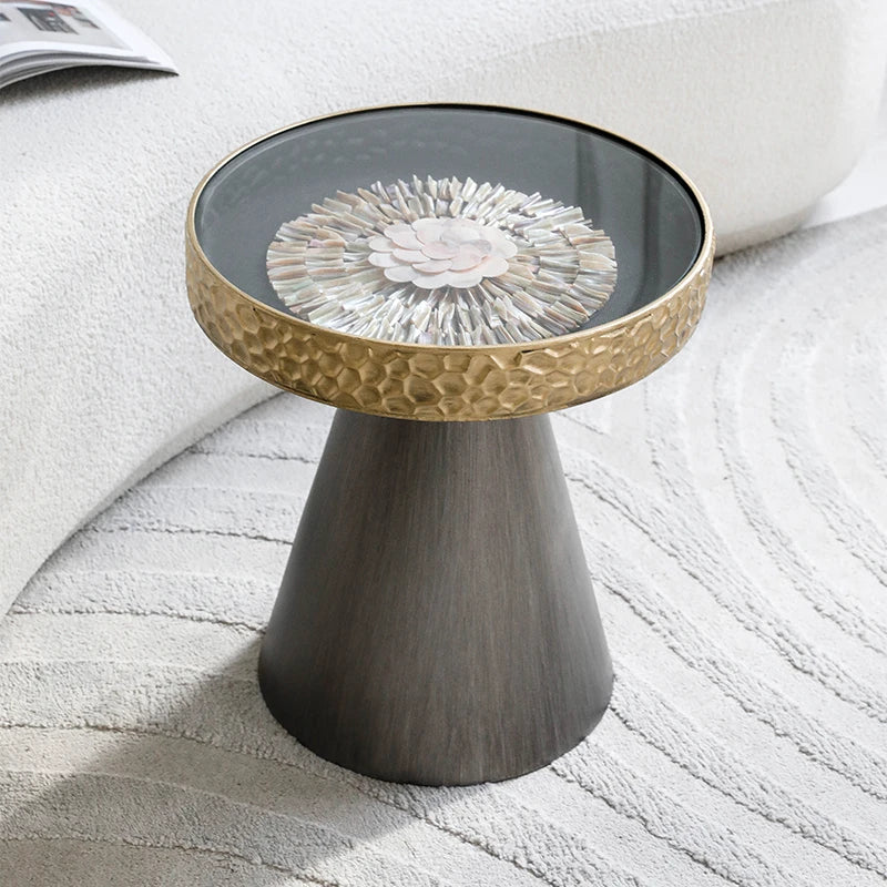 Uitstekende Luukse Art Deco Boho Koffietafel – Handgemaakte Natuurlike Skulp Inlegsel met Smeeyster Geometriese Basis &amp; Glasblad