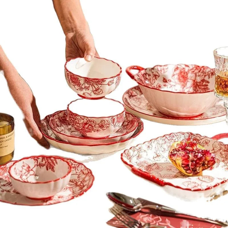 Timeless Elegance Red & White Flower Porcelain Dinnerware Set