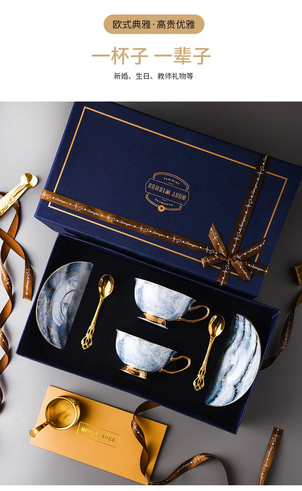 Retro Imperial European Bone China Cup & Saucer with Golden Spoon – Luxury Edition