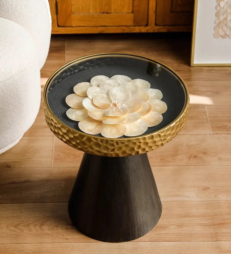 Uitstekende Luukse Art Deco Boho Koffietafel – Handgemaakte Natuurlike Skulp Inlegsel met Smeeyster Geometriese Basis &amp; Glasblad