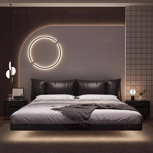 Truffle Brown Floating Modern Retro Genuine Leather Bed with Storage & Nightstands(Floats 15cm from ground)