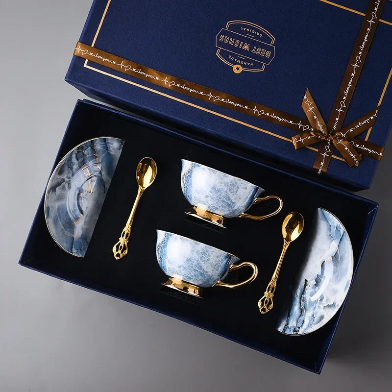 Retro Imperial European Bone China Cup & Saucer with Golden Spoon – Luxury Edition