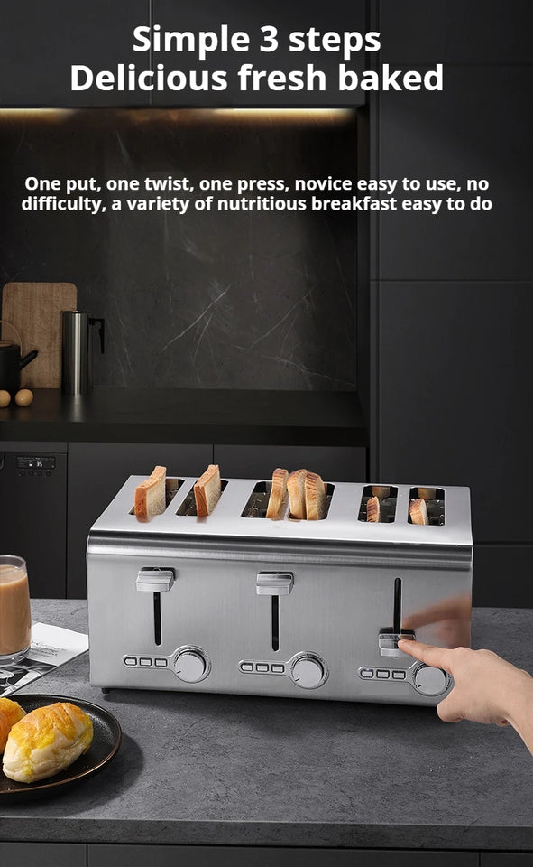 2250W High-Power 6-Slot Commercial Toaster – Quick 60-Second Toast, Stainless Steel
