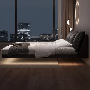 Truffle Brown Floating Modern Retro Genuine Leather Bed with Storage & Nightstands(Floats 15cm from ground)