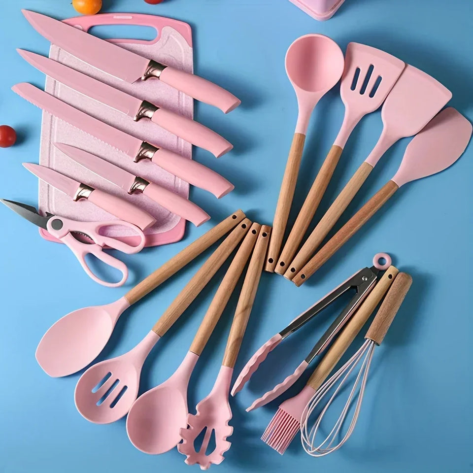 19-Piece Silicone Kitchen Utensils & Knife Set with Chopping Board