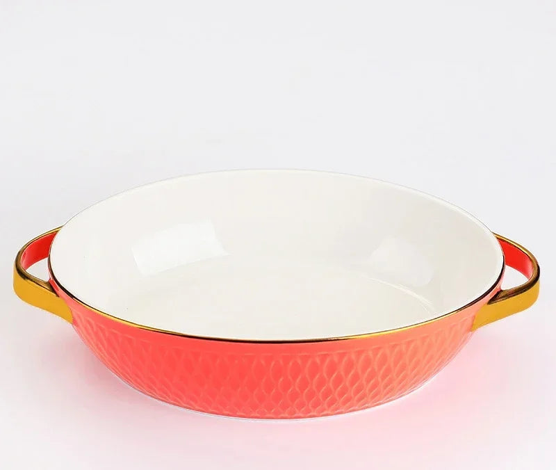 Golden Edge Ceramic Baking Dish – Retro Elegance Meets Everyday Function(non burning handles) WHIMSICAL HOME OF CREATIONS