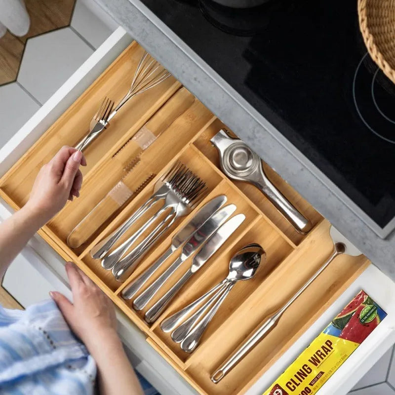 Adjustable Bamboo Cutlery Drawer Organiser – Smart & Stylish Storage