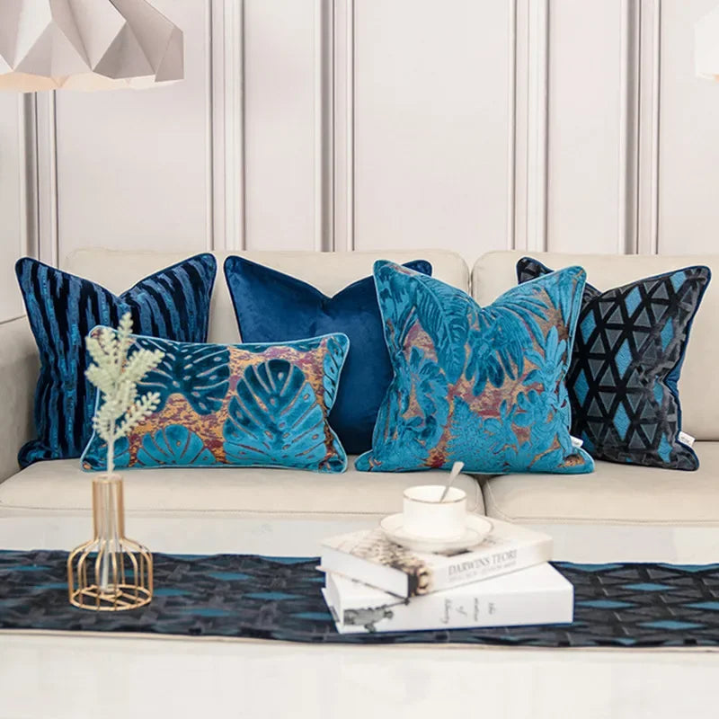 Luxury Blue Velvet Cushion Cover Collection – Tropical, Geometric & Botanical Designer Throw Pillows