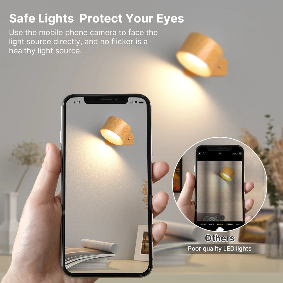 Wooden LED Wall Sconce, 360° Rotatable Dimmable Magnetic Touch Control Rechargeable Battery Operated