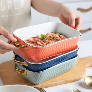 Golden Edge Ceramic Baking Dish – Retro Elegance Meets Everyday Function(non burning handles)
