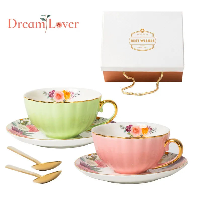 European Luxury Hand Painted Gold Bone China Coffee Cups & Saucers – 2-Piece High Gloss Set