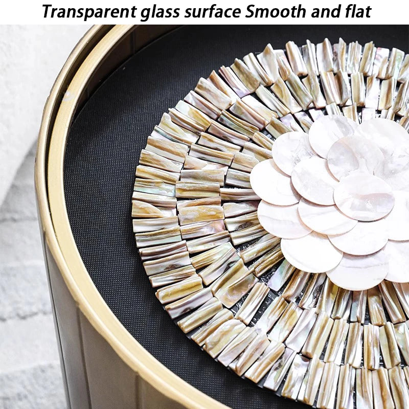 Uitstekende Luukse Art Deco Boho Koffietafel – Handgemaakte Natuurlike Skulp Inlegsel met Smeeyster Geometriese Basis &amp; Glasblad