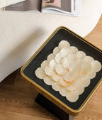 Uitstekende Luukse Art Deco Boho Koffietafel – Handgemaakte Natuurlike Skulp Inlegsel met Smeeyster Geometriese Basis &amp; Glasblad