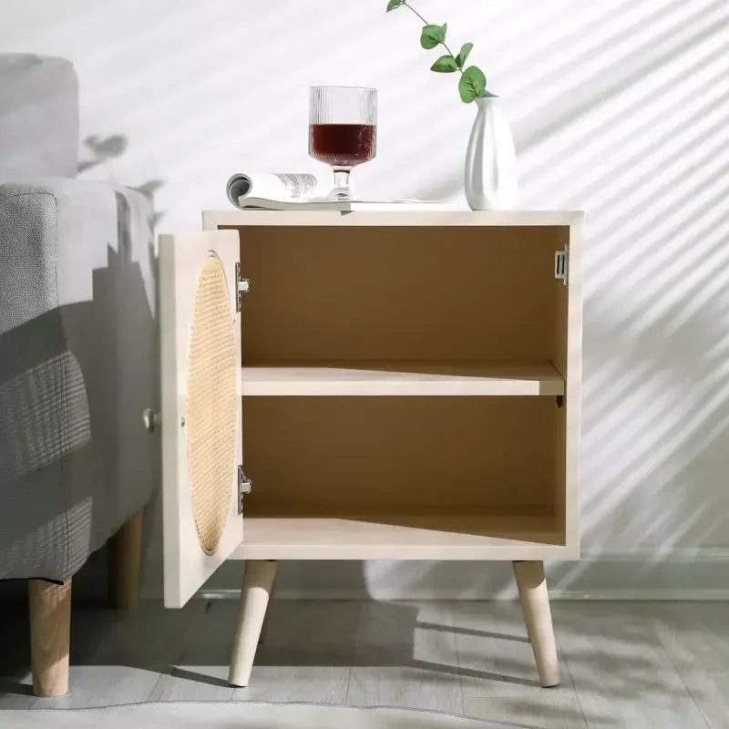 Scandinavian Cane Webbing Bedside Table – Modern Nordic Nightstand in Natural Wood Finish WHIMSICAL HOME OF CREATIONS