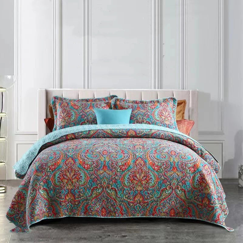 Luxury 500TC Pure Egyptian Cotton Boho Vintage Floral Reversible Bedcover Quilt Set – 3-Piece King & Queen Fit WHIMSICAL HOME OF CREATIONS