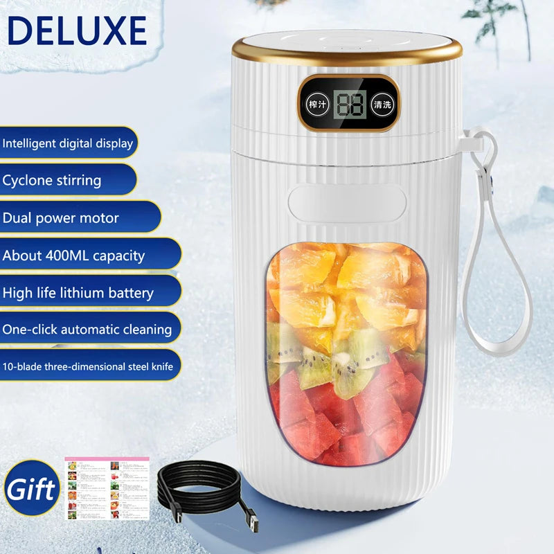 Electric Rechargeable Portable Juicer – 10 Blades with LED Display (Blue & White)