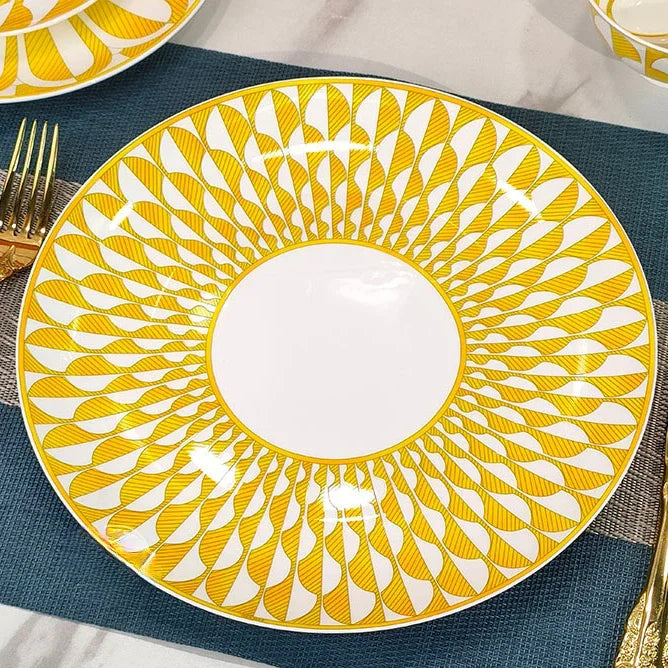 Elegant Bone China Dinnerware Set in Diamond Pattern – Sunshine Yellow